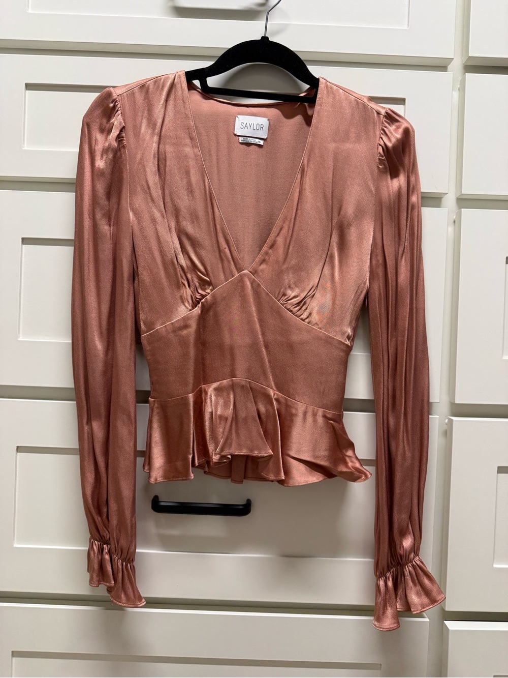 SAYLOR Rose Metallic Satin Peplum V-Neck Blouse